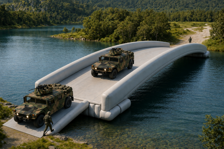Military crossing with inflatable bridge